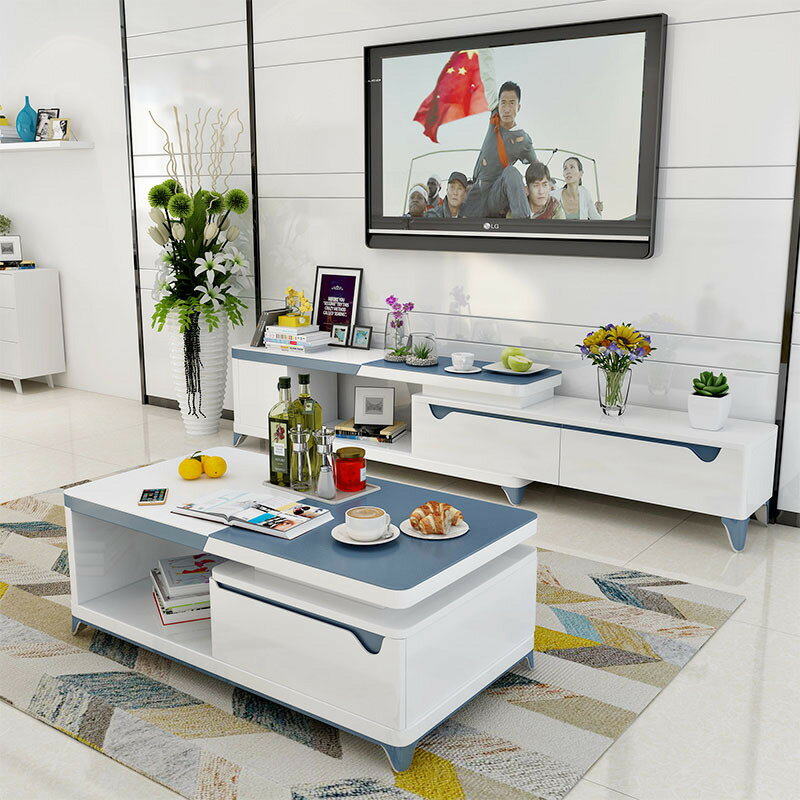 楓林宜居 簡約現代實木茶幾電視柜組合 可伸縮電視機柜 小戶型客廳家具套裝