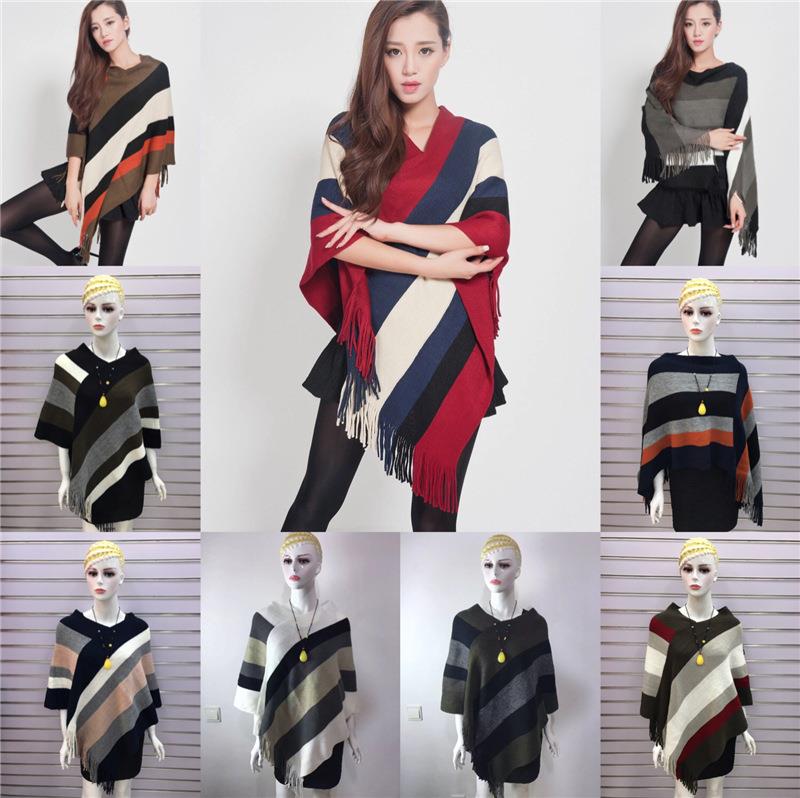 韓版女裝流蘇套頭中長款針織斗篷女冬季時尚披肩條紋毛衣外套
