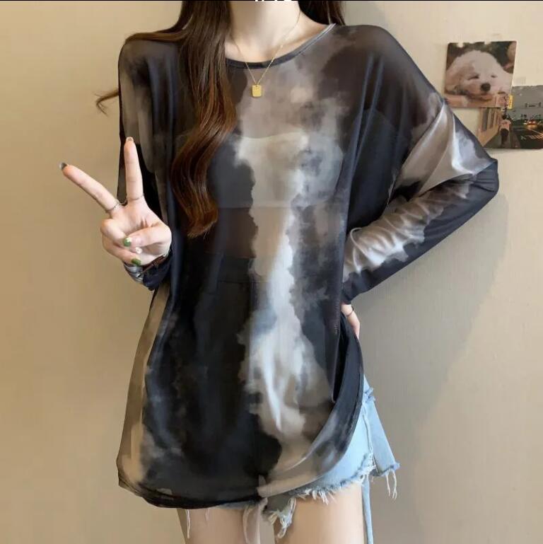 防曬t恤女長袖夏季薄款外搭網紗罩衫顯瘦紮染中長款上衣大碼【步行者戶外生活館】P