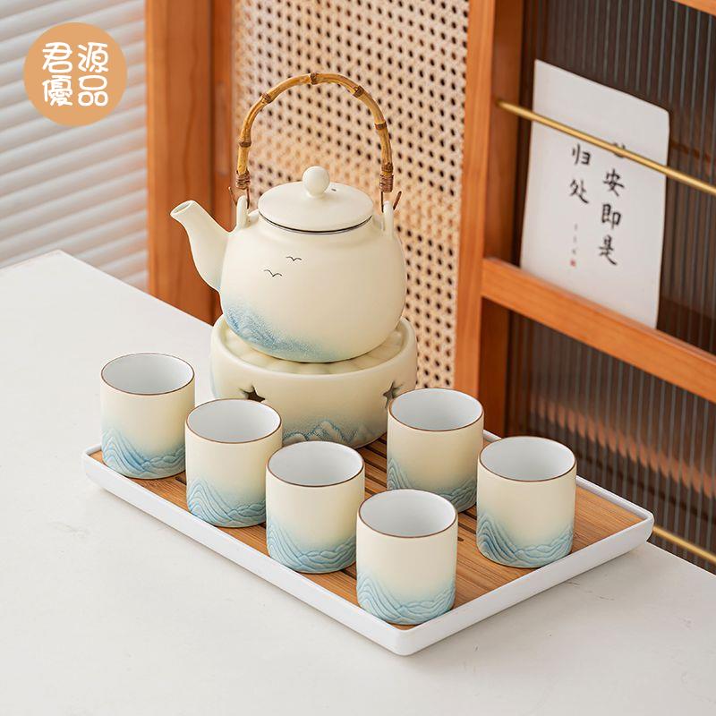 茶具 茶壺 功夫茶具 茶壺套裝 小清新提樑壺 茶具陶瓷茶壺 茶杯整套家用送禮溫茶爐 千里江山冬天