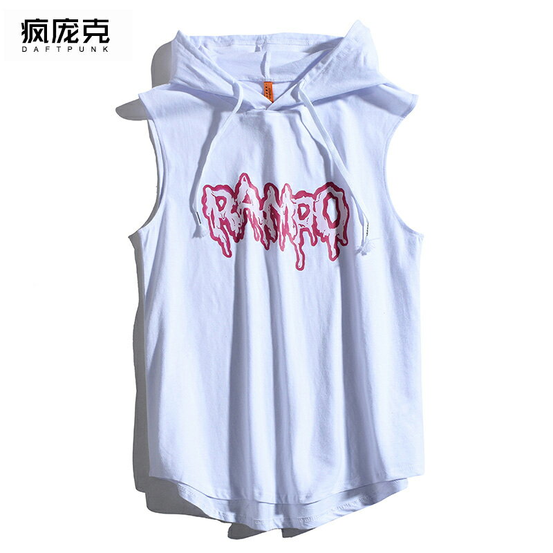 個性簡約英文印花運動無袖T恤女夏季時尚百搭休閑運動連帽背心男