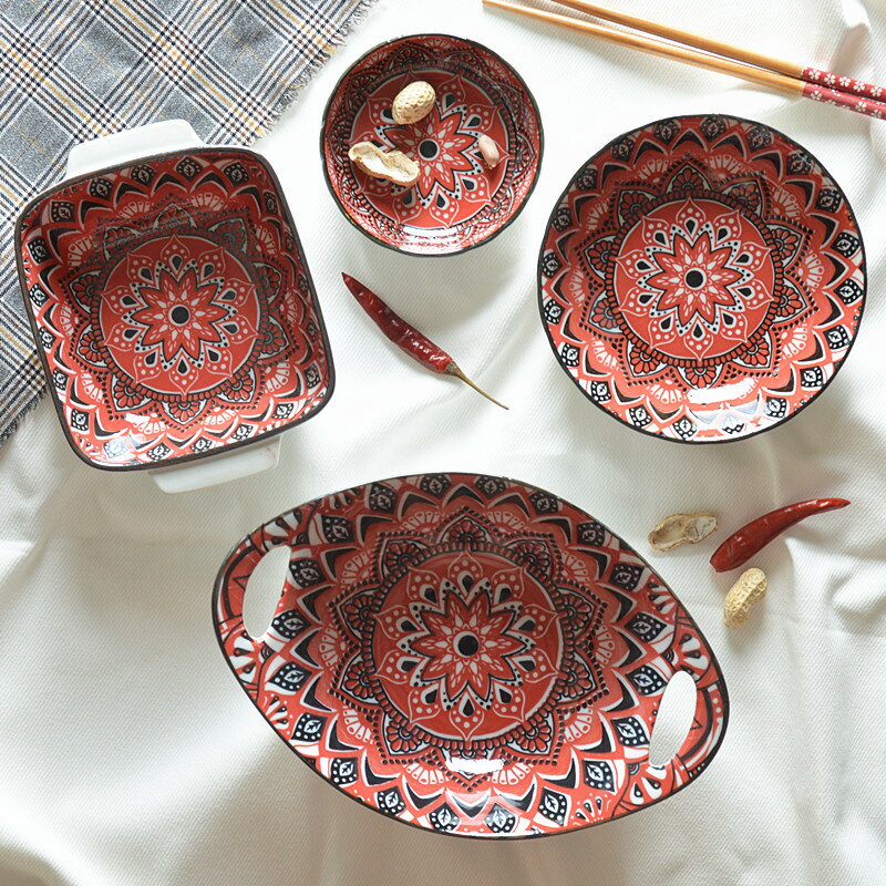 北歐風釉下彩雙耳碗陶瓷碗沙拉碗米飯碗家用創意餐具小碟小碗套裝