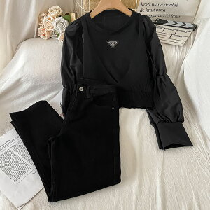 穿搭假兩件拼接襯衫套裝女新款冬季黑色時尚氣質兩件套