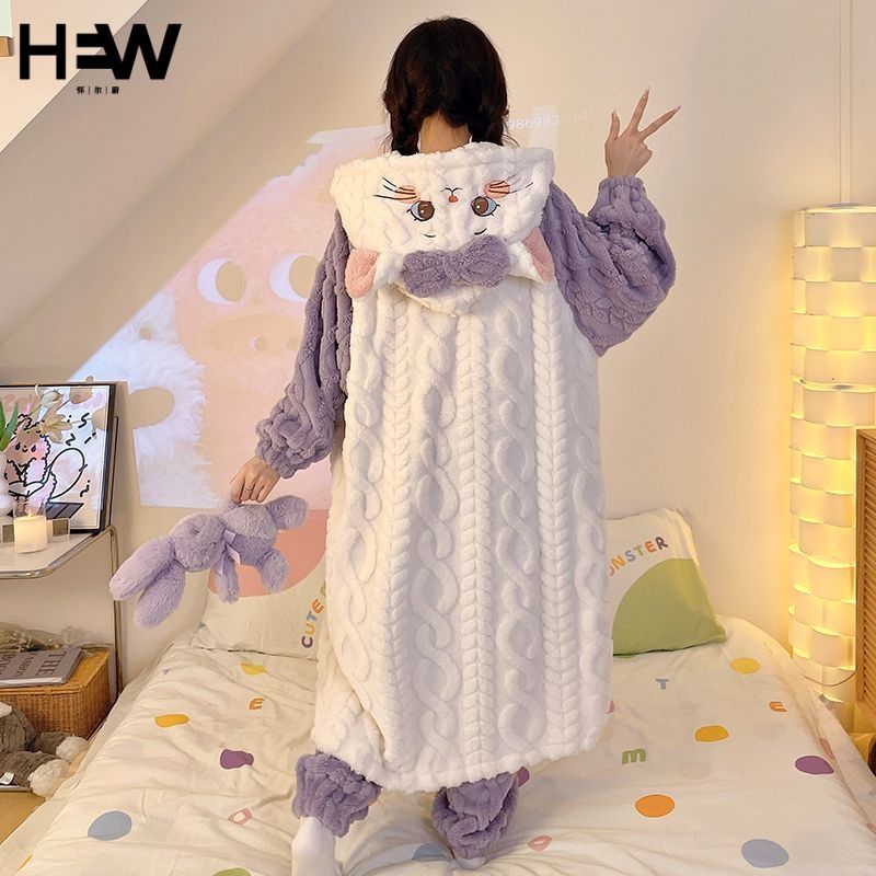 冬季珊瑚絨加絨加厚家居服女法蘭絨加絨加厚冬天甜美冬天睡袍套裝