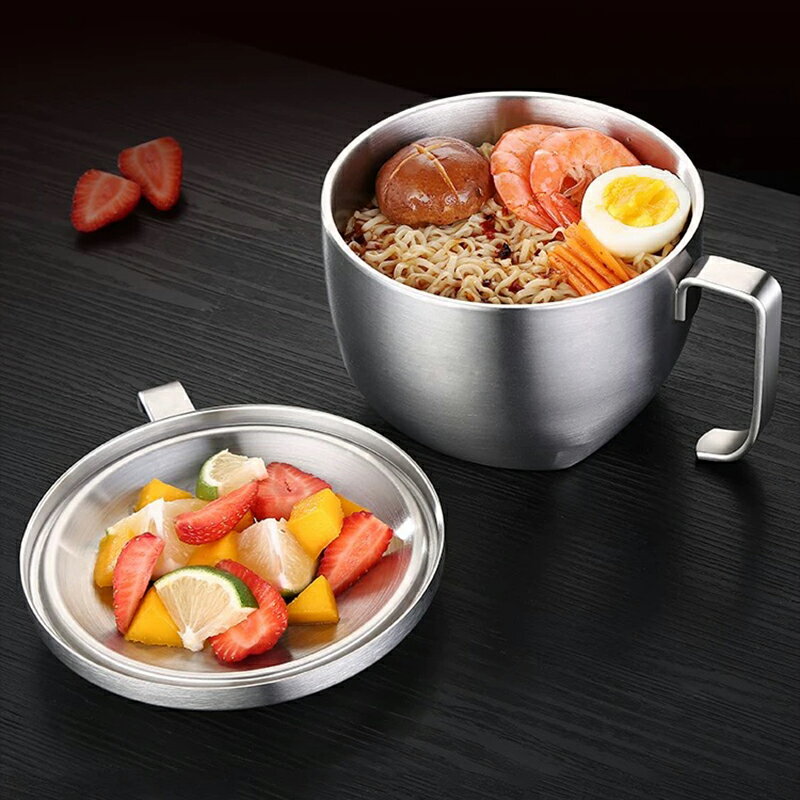 雙層304不銹鋼泡面碗飯盒杯單個碗學生宿舍易清洗帶蓋筷勺大容量