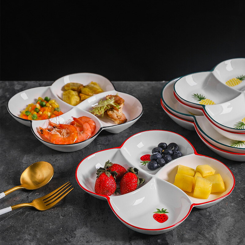 手繪陶瓷四分格餐盤一人食家用早餐兒童餐具日式釉下彩減脂水果盤