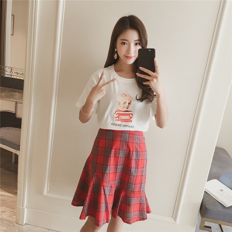 FINDSENSE G5 韓國時尚 圓領 短袖T恤 格子 半身裙 兩件套
