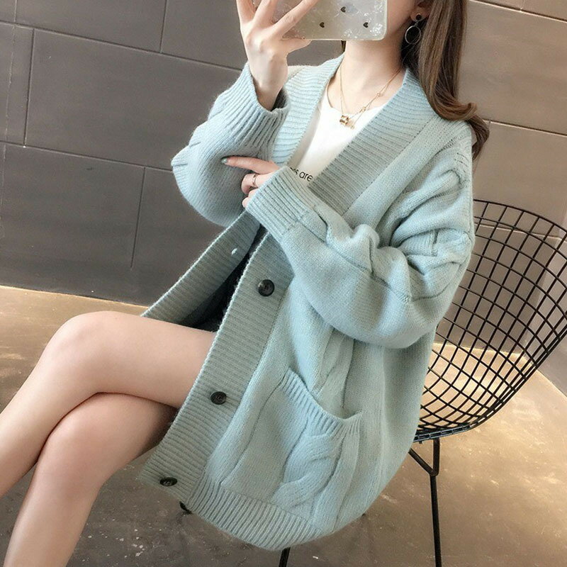女裝 外套 韓系風 氣質上衣 韓版   春秋新款慵懶風V領麻花針織衫寬鬆外穿女裝開衫V領百搭毛衣外套潮 治裝激推 4