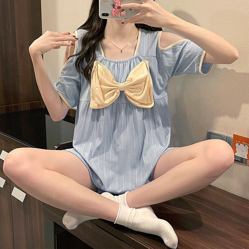 夏季純棉睡衣女短袖短褲高階感簡約甜美蝴蝶結宮廷少女家居服套裝