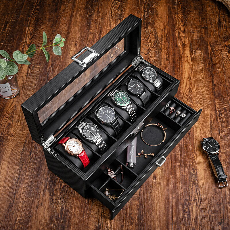 碳纖維皮質手表首飾一體收納盒子多功能珠寶戒指手鏈展示