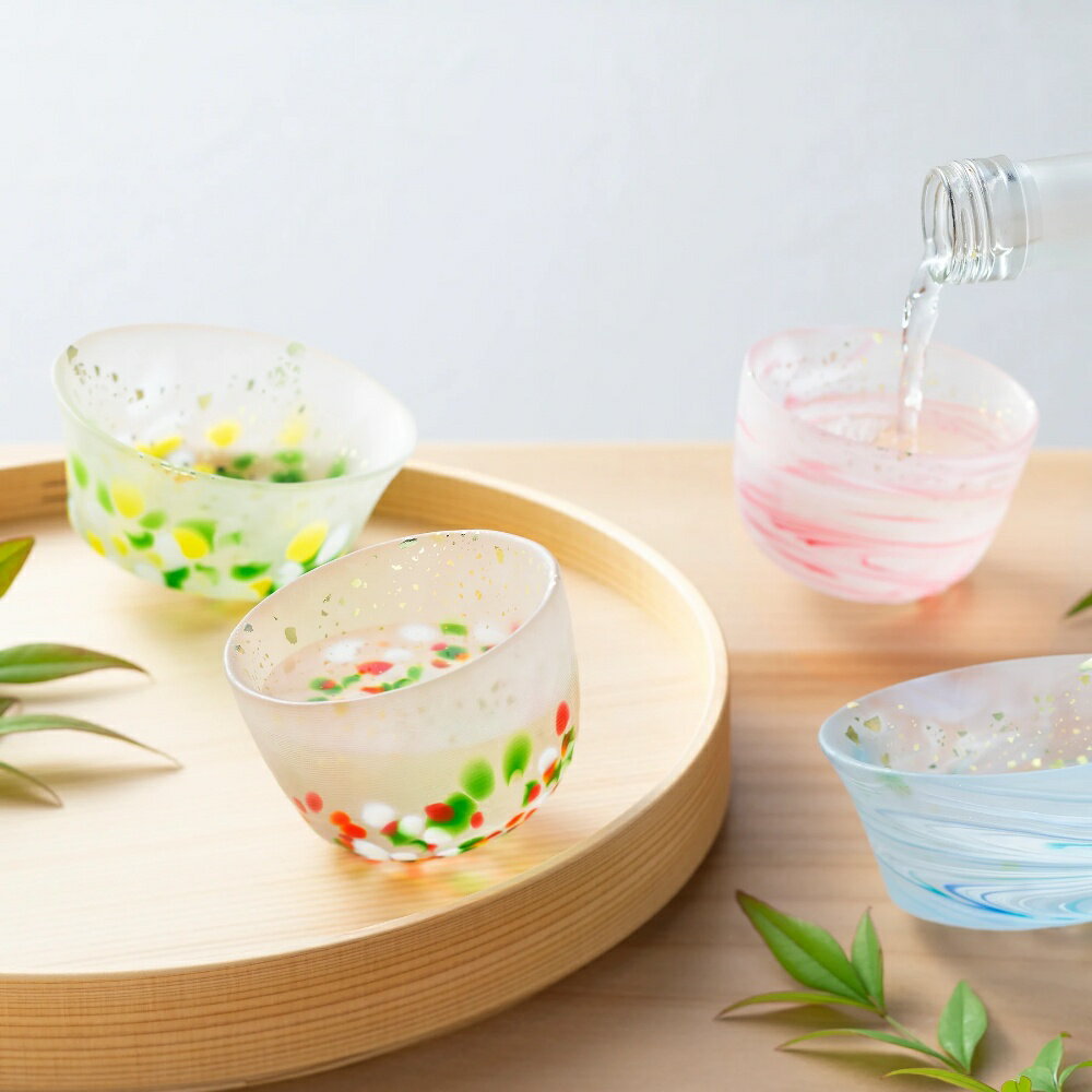 日本津輕 旋轉對杯組 兔&波 南天&福壽草 金益合玻璃器皿