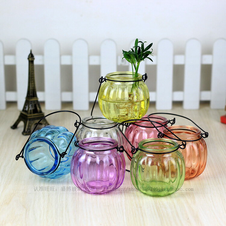 創意歐式水培花瓶南瓜透明玻璃花瓶小吊瓶插花玻璃花瓶配送鐵環
