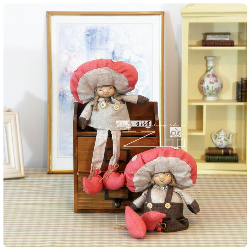 zakka 美式鄉村風格蘑菇頭布娃娃桌面吊腳玩偶BJD家居裝飾品擺件
