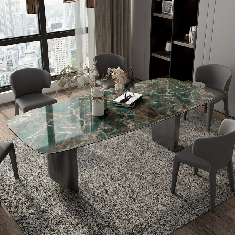 桌子 意式長方形巖板餐桌椅綠奢石巖板餐桌中戶型家用