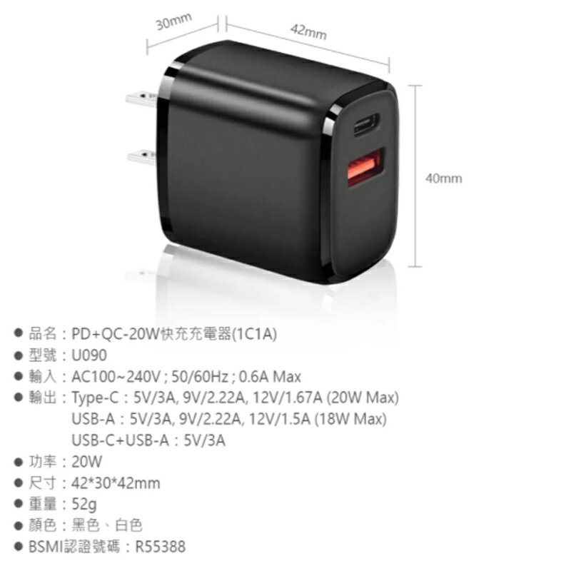20W2孔U090充電器【緣屋百貨】天天出貨 充電器 豆腐頭 雙孔充電器 閃充頭 快充頭 USB-C USB3.0 2