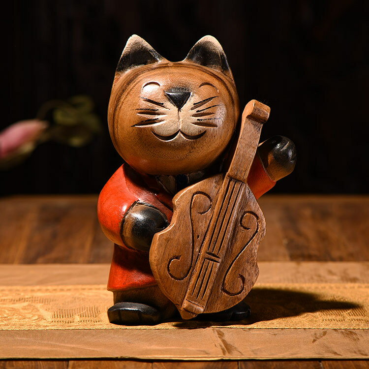 泰國進口東南亞工藝品可愛服務員實木小貓木雕家居擺件小貓咪擺設1入