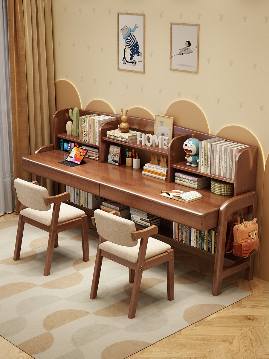 辦公桌 書桌 電腦桌 工作桌實木書桌書架一體簡約家用學生加長寫字桌臥室雙人兒童學習桌組合