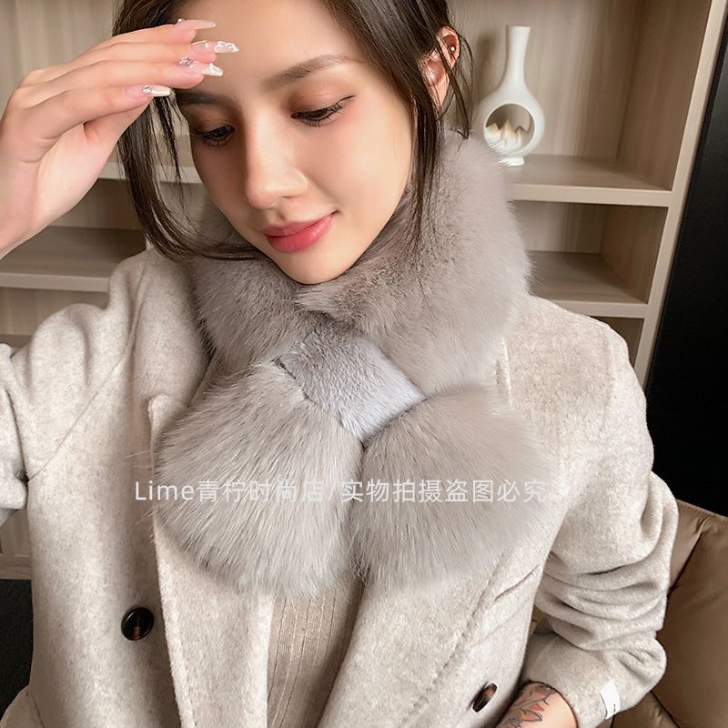 毛領圍脖毛絨狐貍毛圍巾女冬季仿皮草毛毛圍巾可愛保暖白色高級感 森馬先生旗艦店