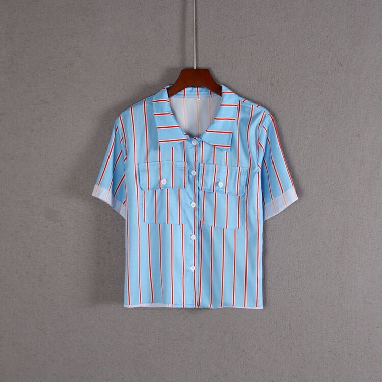 女短袖翻領條紋單排扣有口袋襯衫上衣服顯瘦流行潮