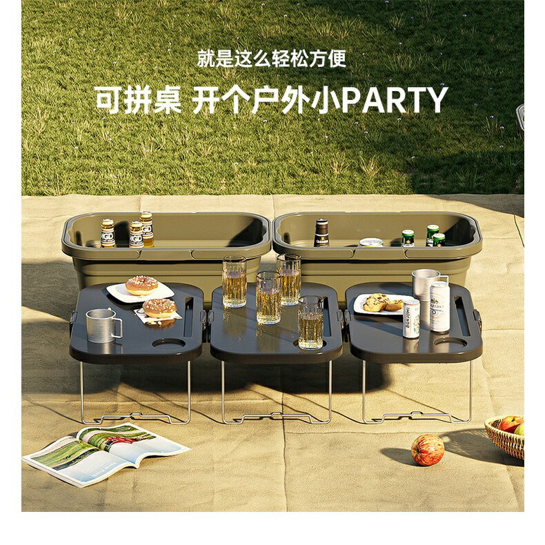 摺疊購物籃 野餐提籃 帶蓋子摺疊水桶 多功能户外可折疊野餐籃大容量露營收納籃加野餐桌 露營收納桌 2