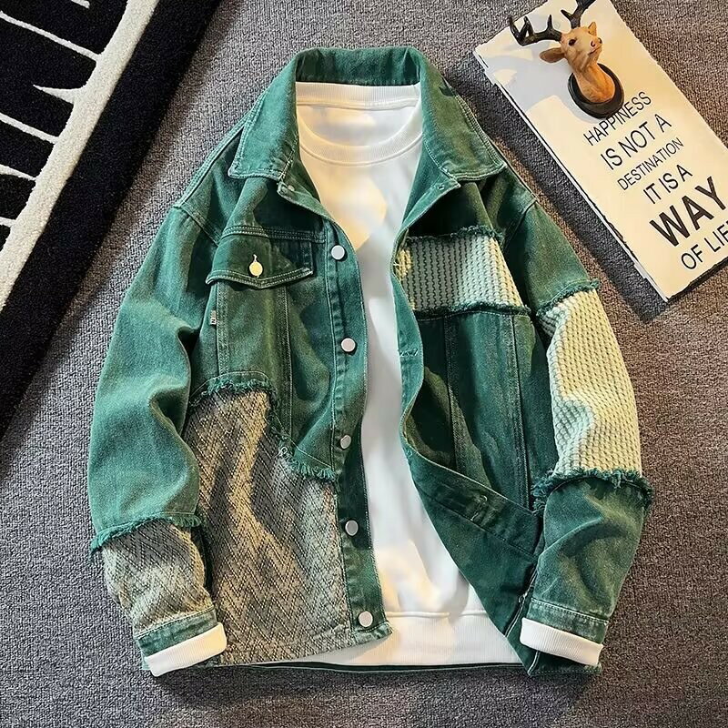 牛仔外套男款春秋季高階感潮牌寬松休閑美式vintage拼接貼布夾克-創美
