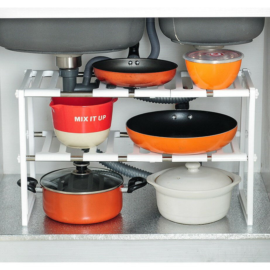 【下水槽置物架】伸縮水槽置物架 廚房置物架 不鏽鋼瀝水置物架 雙層收納架 儲物架子鍋架 鞋架 流理臺 廚房 1