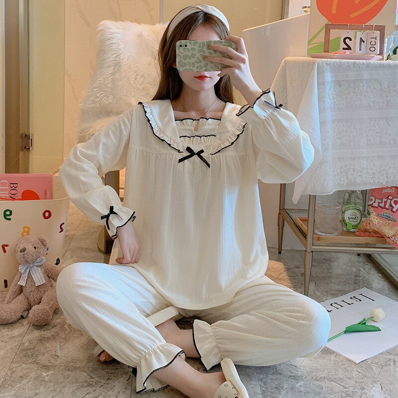提花棉睡衣女可愛甜美公主宮廷風春秋冬季純色少女簡約家居服套裝