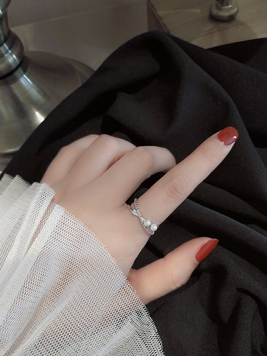 純銀交叉珍珠開口戒指女ins潮簡約設計感時尚網紅個性食指戒指環1入