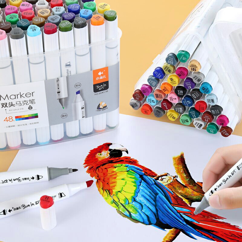 小魚兒馬克筆雙頭油性筆手繪畫畫筆套裝48色初學者美術用品兒童學生專用繪畫彩筆36色24色裝全套手抄報彩色筆
