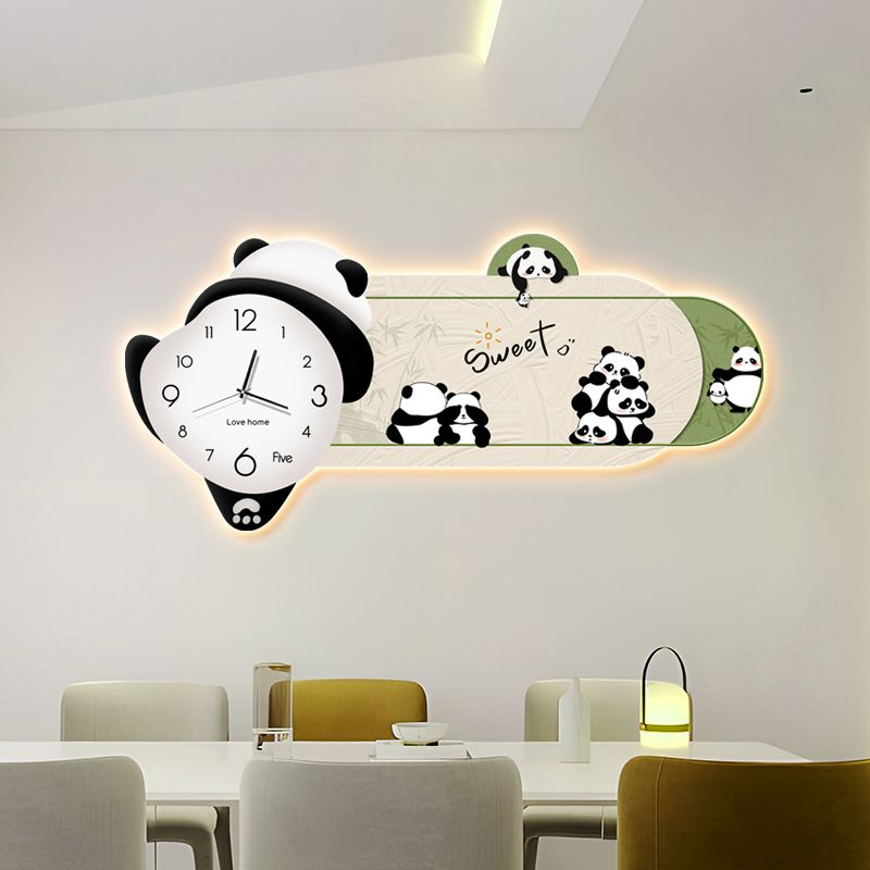 熊貓鐘表掛鐘客廳掛畫餐廳裝飾畫表掛墻靜音時鐘壁畫家用搖擺掛表