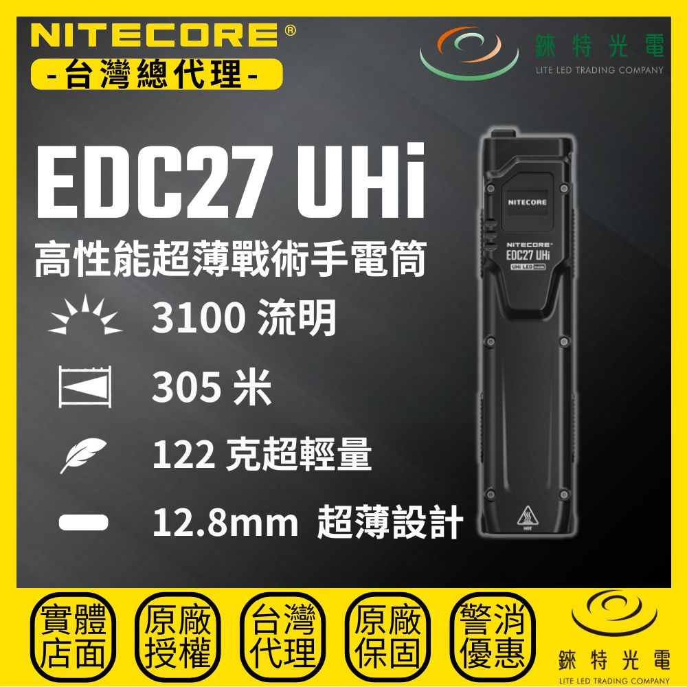【錸特光電】NITECORE EDC27 UHi 高性能超薄戰術手電筒 3100流明 305米 爆閃 預設檔位 EDC