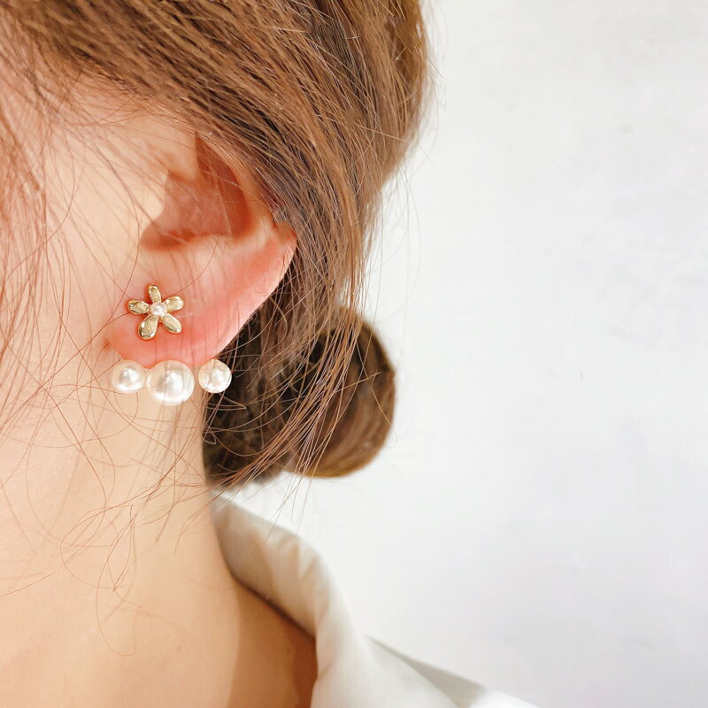 925銀針韓國東大門花朵珍珠耳環氣質耳墜一款兩戴個性時尚耳飾女