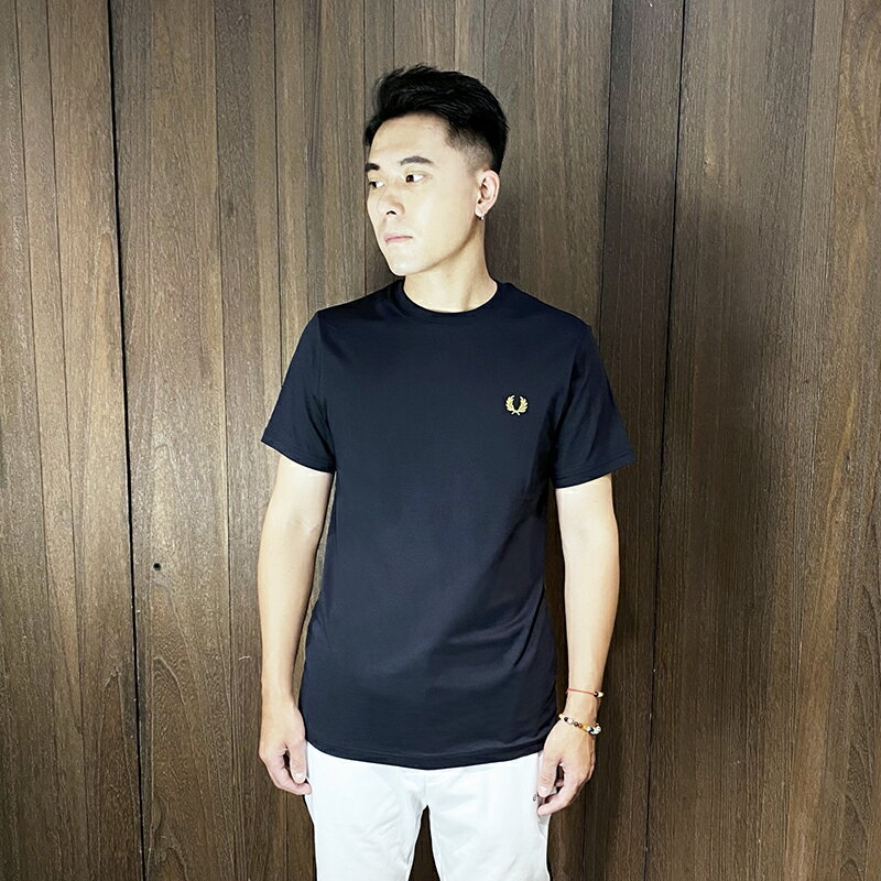 美國百分百【全新真品】Fred Perry 短袖 棉質 T恤 歐洲精品 上衣 麥穗logo 短T 深藍 DF33