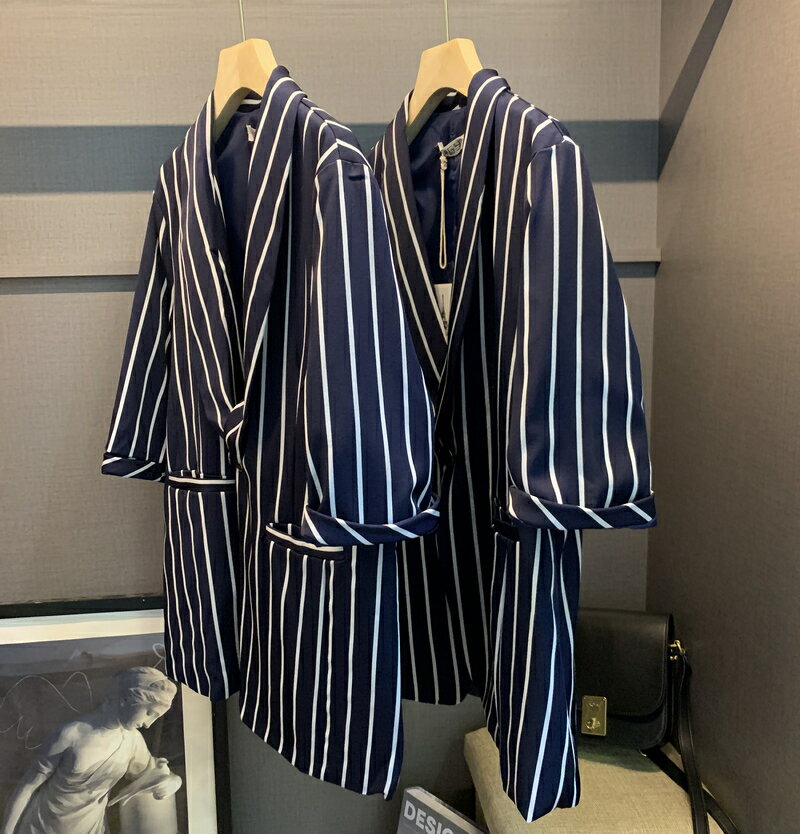 特清春季新款西裝外套女寬松W-27復古七分袖豎條紋氣質西服上衣