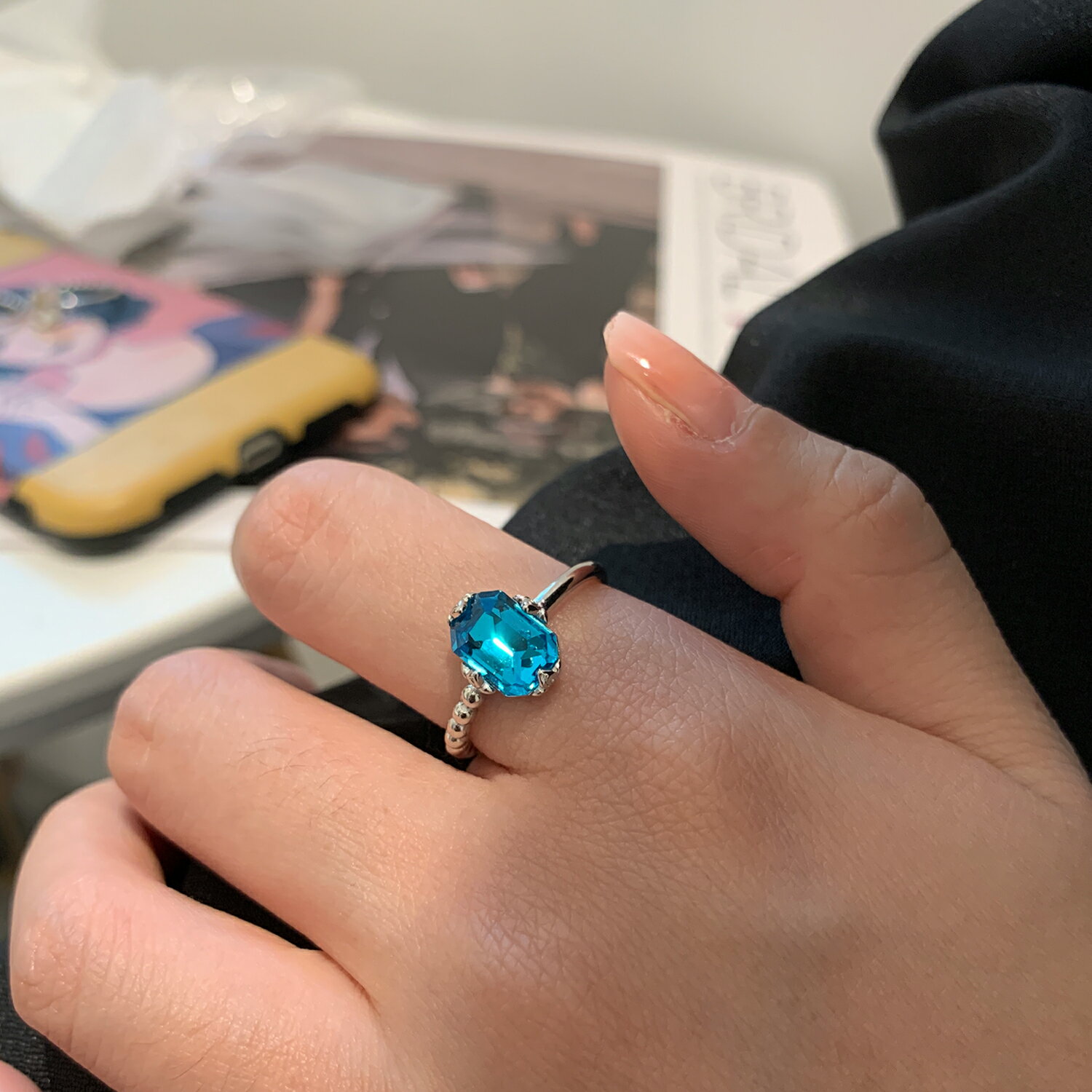 小寶s925純銀多彩海藍克萊因藍鋯石開口戒指女小眾設計2022年新款
