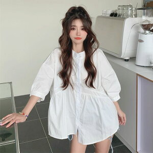 泡泡袖上衣女設計感小眾娃娃衫夏季甜美韓系chic別致白色短袖襯衫