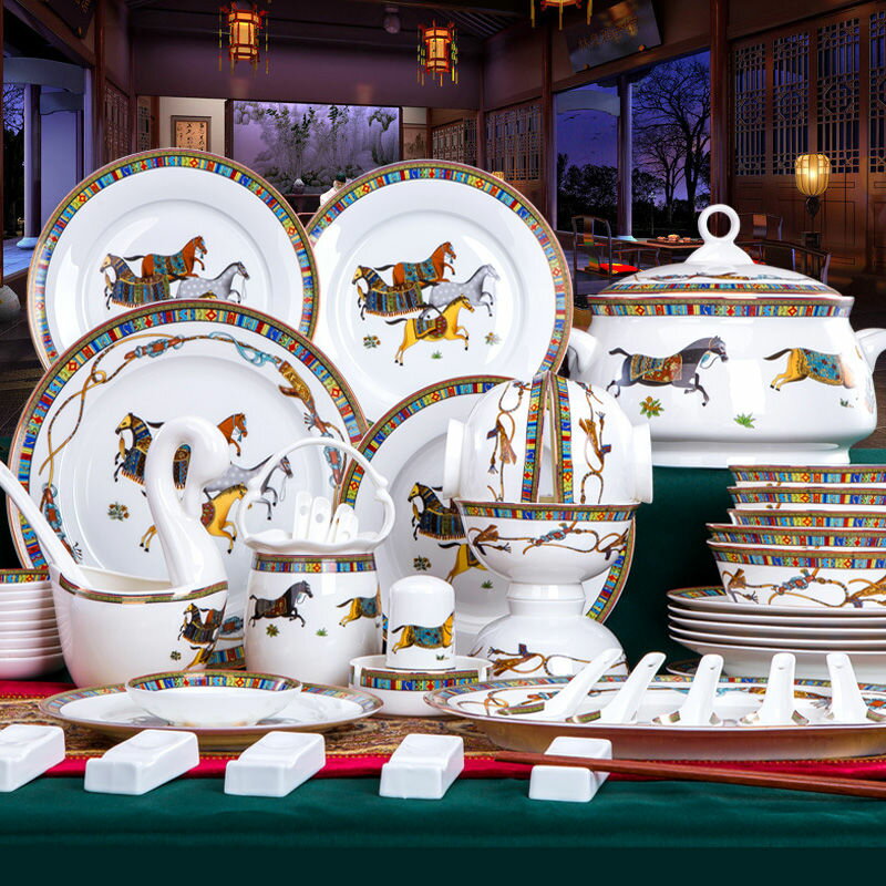 碗 碗碟套裝 餐具 餐具套裝全套家庭裝碗家用骨瓷景德鎮歐式高顏值喬遷陶瓷碗盤組合