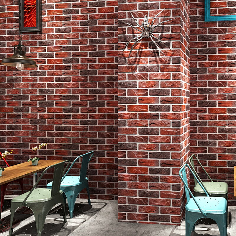 復古懷舊3D立體仿磚紋磚塊磚頭墻紙咖啡餐廳酒吧網咖飯店紅磚壁紙 棕紅2
