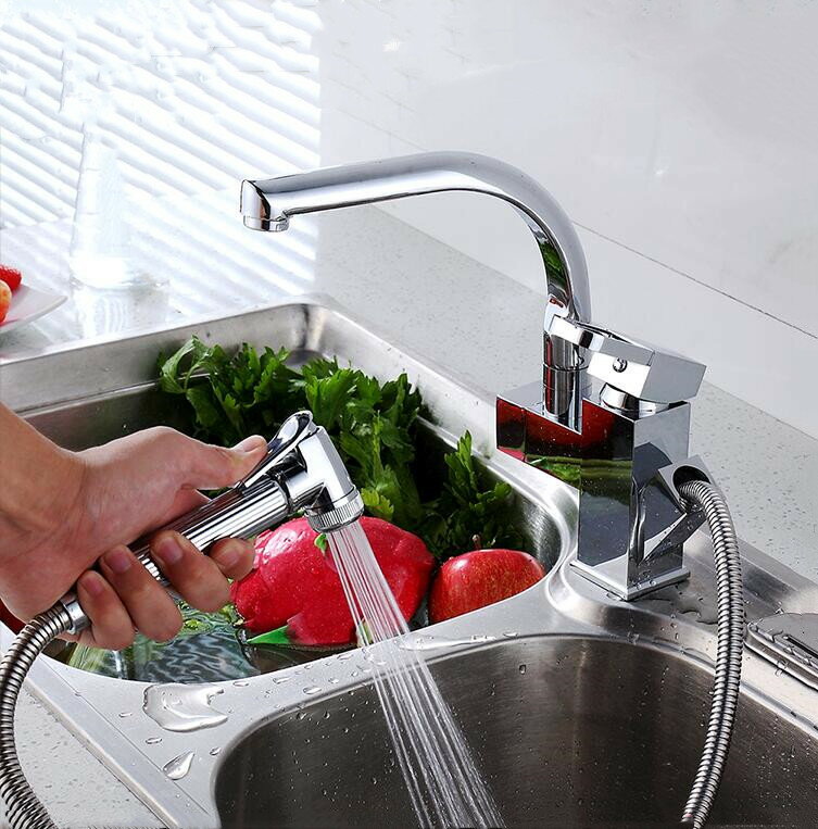 抽拉式水龍頭冷熱廚房洗菜盆全銅伸縮可旋轉洗碗池水槽龍頭
