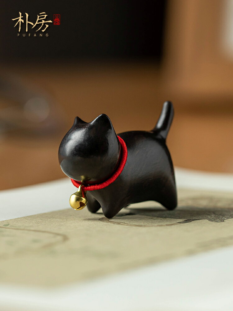 小黑貓檀木把玩擺件可愛小貓原創手工迷你桌面治愈系創意簡約禮物開運擺件開運掛飾開運吊飾