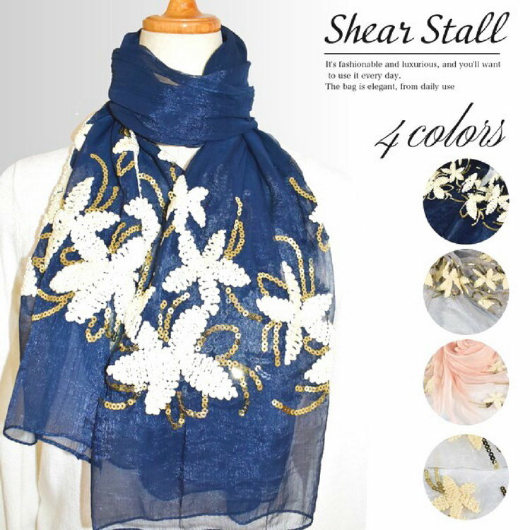 Stylish Goods 兩側刺繡花朵亮片長披巾 特性：UV對策+長版設計+多用途搭配(領圍 圍脖 領巾 圍巾 絲巾)【沙克思】