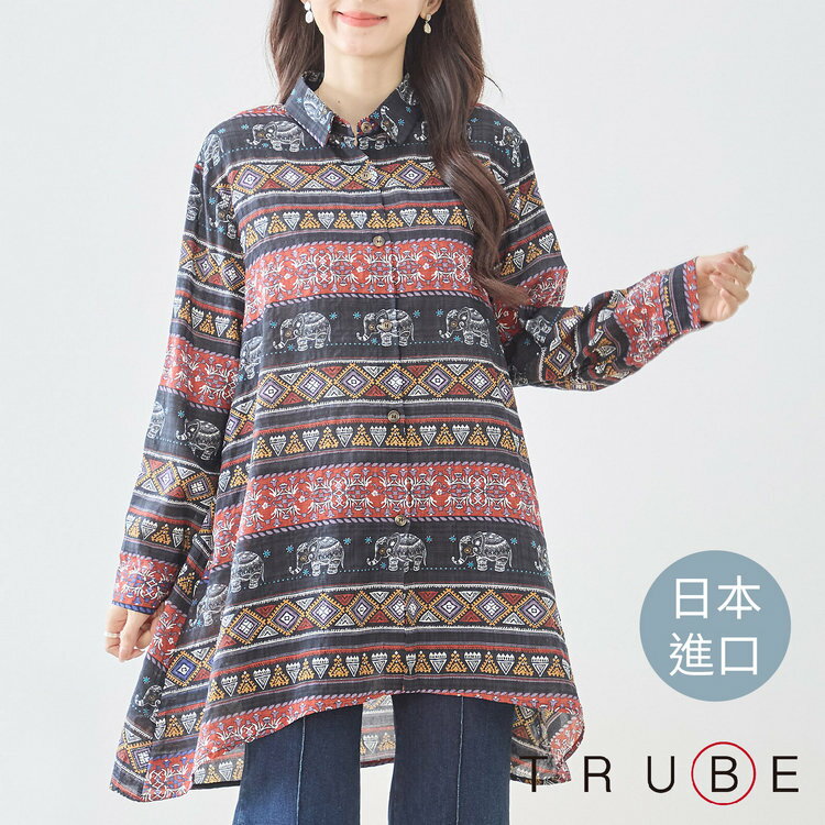 牛仔襯衫推薦到TRUBE 印第安大象橫紋前開釦尖領長版女襯衫 【沙克思】就在沙克思推薦牛仔襯衫
