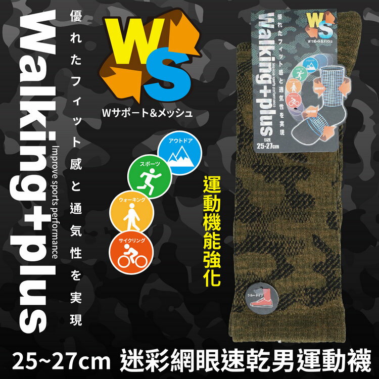 Walking+plus 迷彩紋網眼速乾男運動襪 特性：棉混+透氣網眼+足弓腳踝支撐+速乾 (斐樂 襪子 男襪 男運動襪 男踝襪)【沙克思】