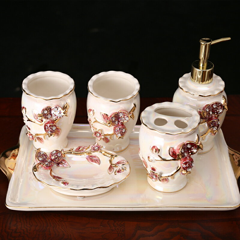 花狐貍衛浴五件套漱口杯套裝歐式陶瓷情侶刷牙杯架創意結婚禮物