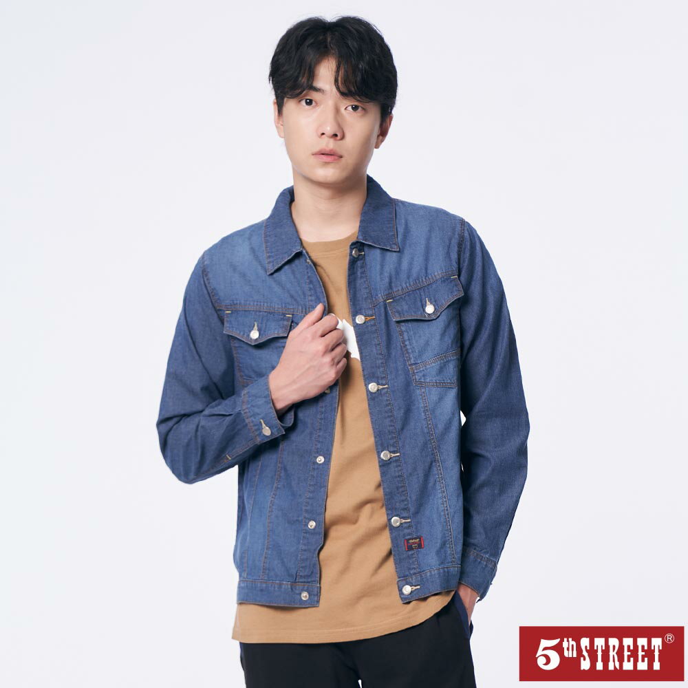 男簡約設計雙口袋長袖牛仔襯衫-中古藍【5th STREET】