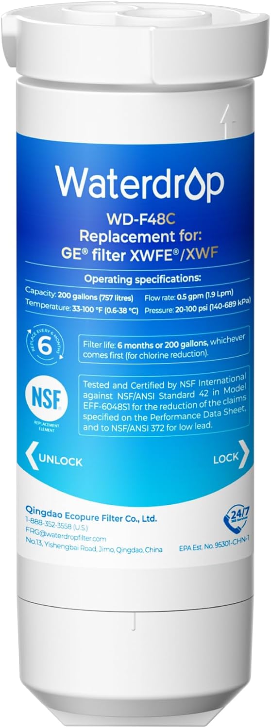 [6美國直購] Waterdrop WD-F48C 濾芯 1入 相容 GE XWFE XWF 冰箱淨水濾心 含芯片 NSF認證