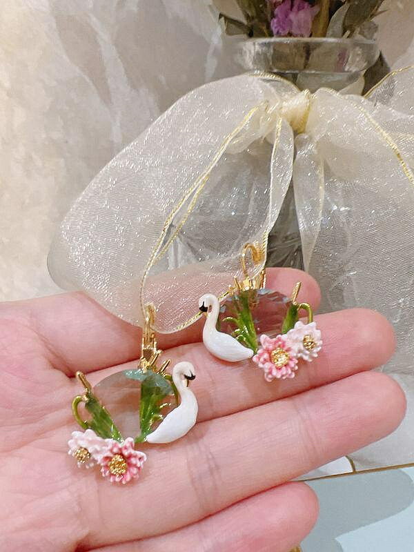 【百貨屋二號】Les Nereides 法國琺瑯首飾品 白天鵝 兩朵粉色蓮花 鑲鉆寶石耳環耳釘耳夾耳鉤