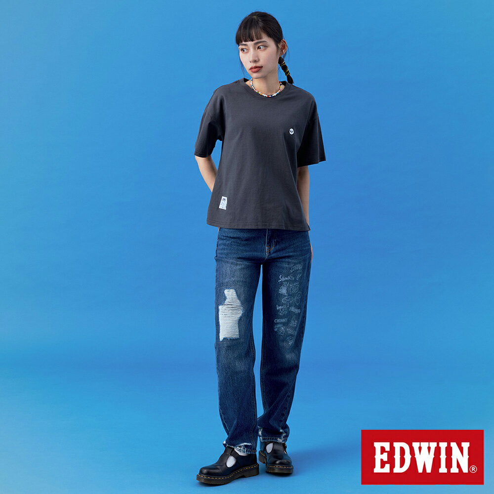 EDWIN BT21印花高腰丹寧錐形褲-女款 石洗藍