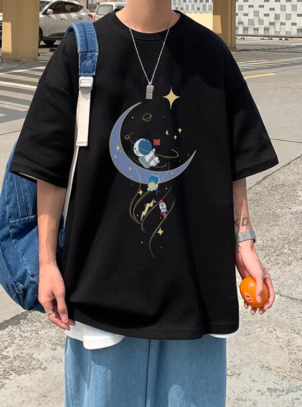 FINDSENSE X 韓潮 街頭 寬鬆中袖大尺碼 太空人印花 男士 短袖T恤