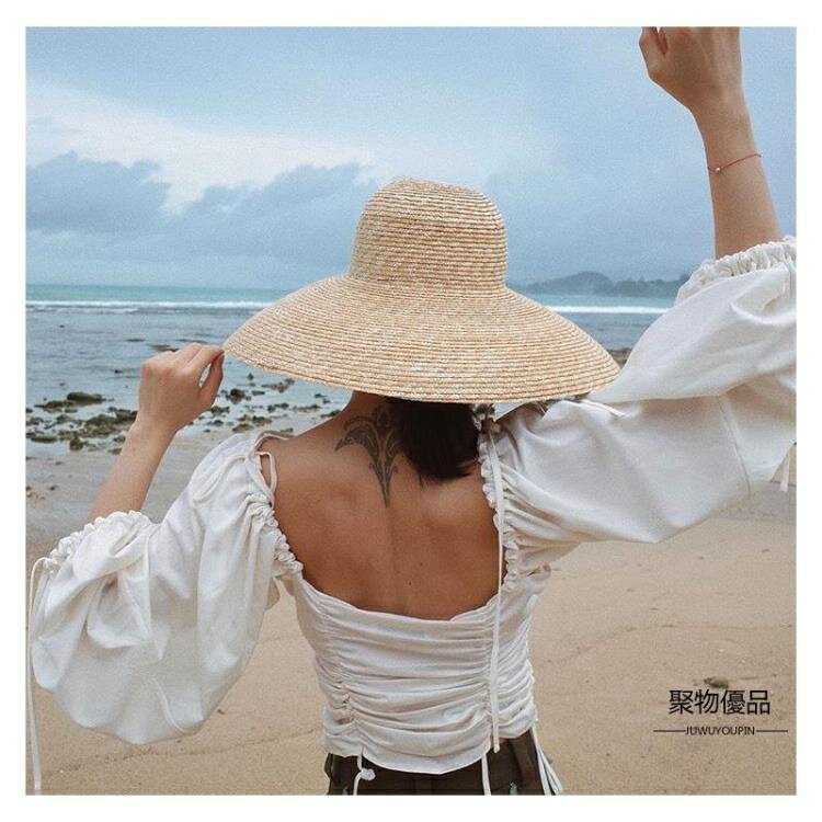 復古光身簡約麥稈大檐草帽女夏海邊度假遮陽沙灘帽出游太陽帽【聚物優品】